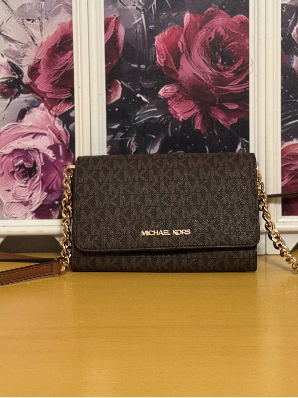 Michael Kors Dark Brown Signature Crossbody with Gold Chain